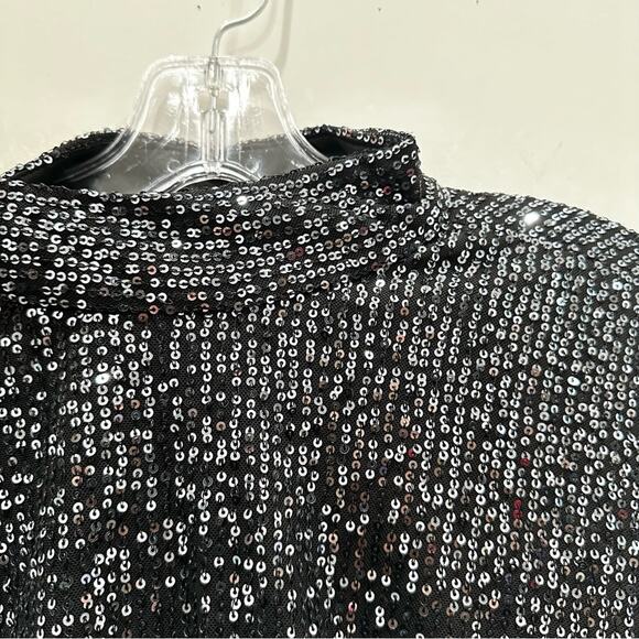 NWT Leena Mac Duggal Metallic Sequin High Neck Long Sleeve Gown. Graphite - Picture 5 of 11